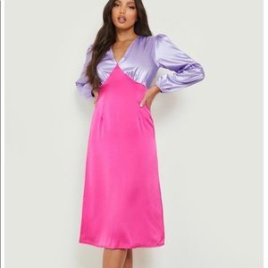 NWT!! Lilac and fuchsia satin long sleeve midi dress
